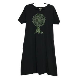 Soul Flower Black Mandala Tree Organic Cotton Shift Dress Size XL Boho Nature